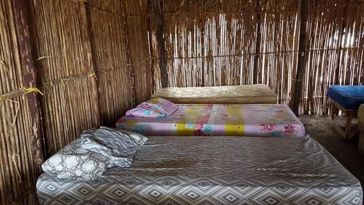 two beds in a thatched room with at Arridub Island-Iguana in Playón Chico