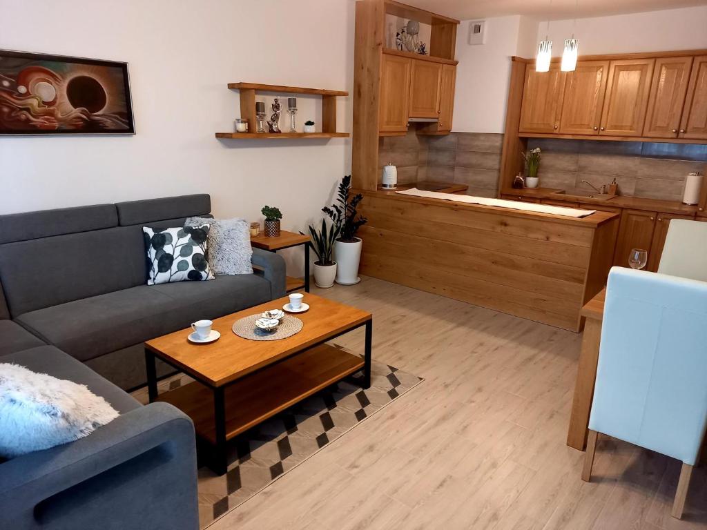 salon z kanapą i stołem oraz kuchnia w obiekcie Apartament Green Park w Starogardzie Gdańskim