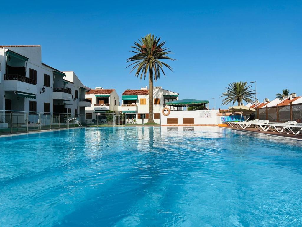 a large swimming pool with a palm tree and buildings at Apartamentos Los Balandros by SunHousesCanarias in Maspalomas