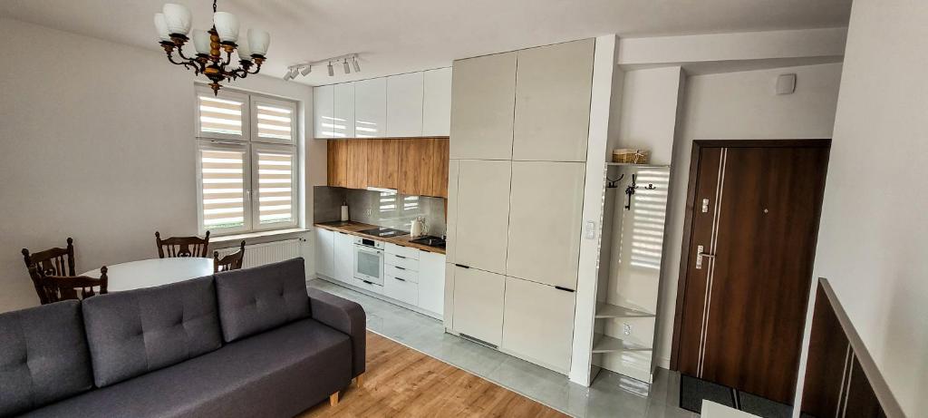 ein Wohnzimmer mit einem Sofa und einer Küche in der Unterkunft Uroczy apartament - Krasnystaw in Krasnystaw