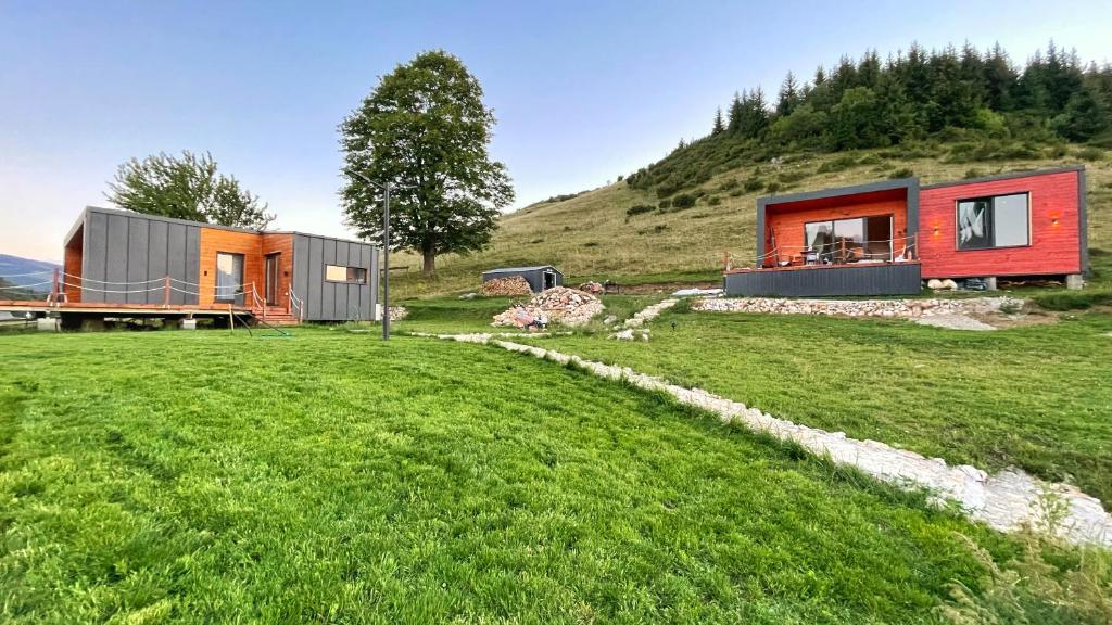 een huis op een heuvel met een groene tuin bij Sycamore Retreat Fundata in Fundata