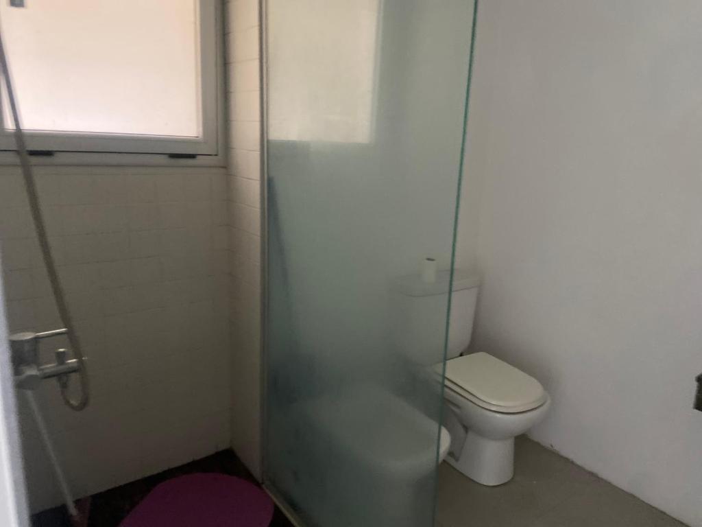 a bathroom with a toilet and a glass shower at depto vista al rio in Zárate