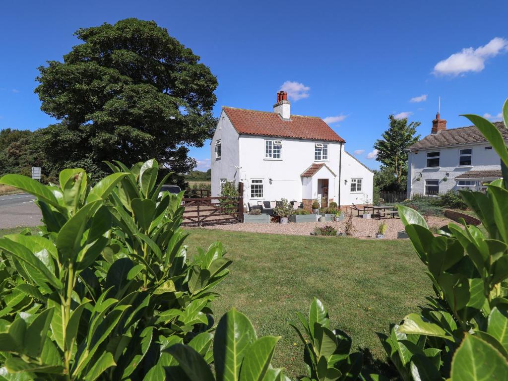 a white house with a tree in the foreground at Rose Cottage in Louth