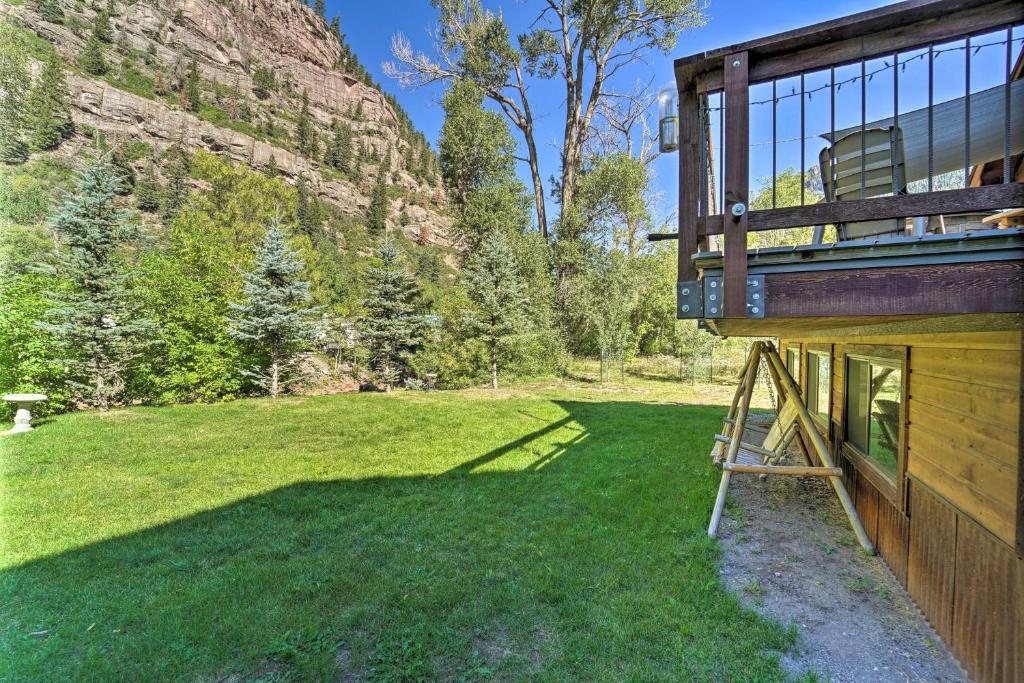 a building with a ladder next to a grass field at Updated Mtn Home with Deck on Uncompahgre River in Ouray