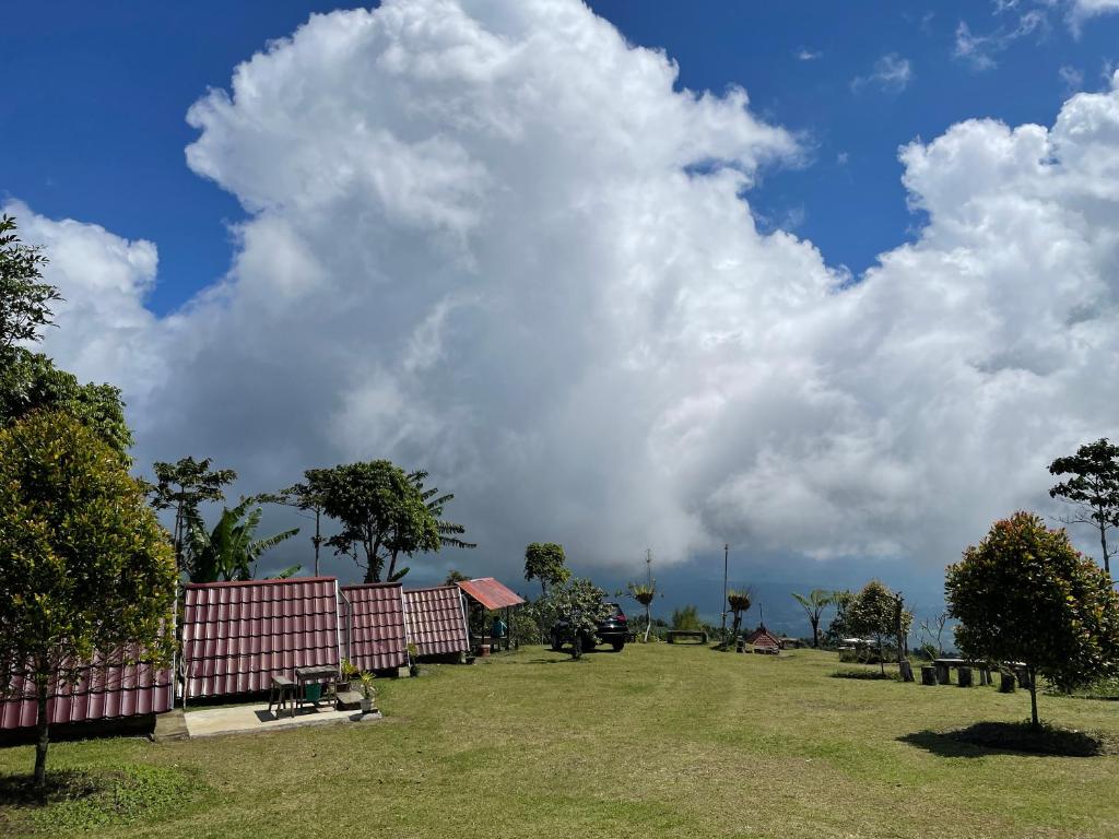 a cloudy sky over a park with benches and trees at Bugo Camp Glamping & Natural Activity in Munduk