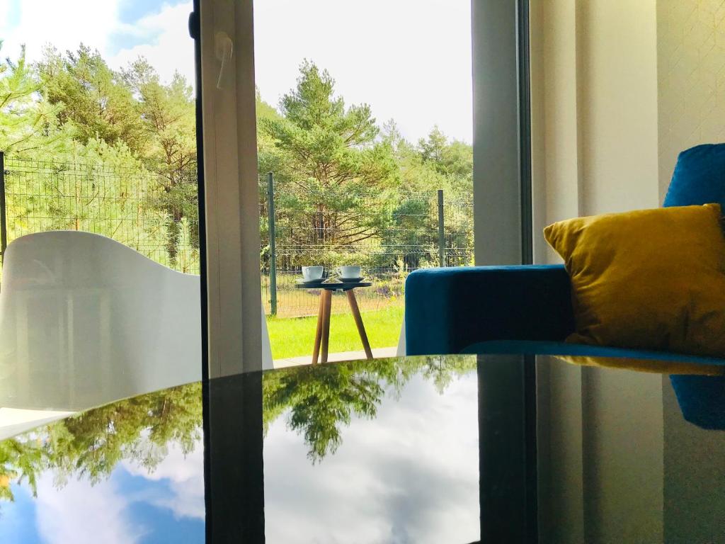 a room with a window with a blue couch and a table at Apartament 23 w Porto Łeba in Łeba
