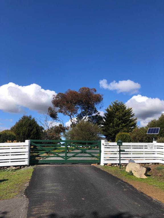 a driveway with a white fence and a road at Montrose holiday cottage in Rosetta