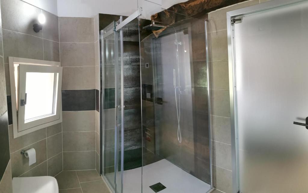 een douche met een glazen deur in de badkamer bij Casa BORRIERO Farmhouse in Sospirolo