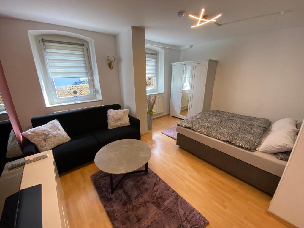 uma sala de estar com uma cama e um sofá em FeWo Kümo an der Regnitz Bischberg's em Bischberg