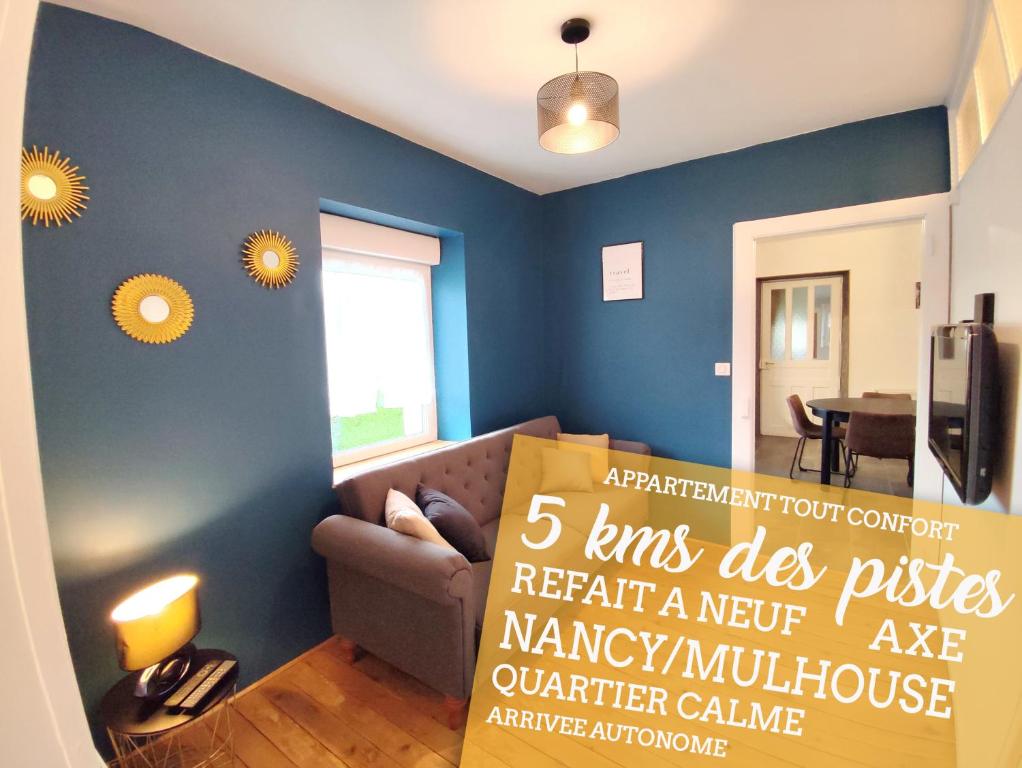 ein Wohnzimmer mit einem Sofa und einer blauen Wand in der Unterkunft Le petit Fremis / 5 Kms des pistes / axe Nancy-Thann in Saint-Maurice-sur-Moselle
