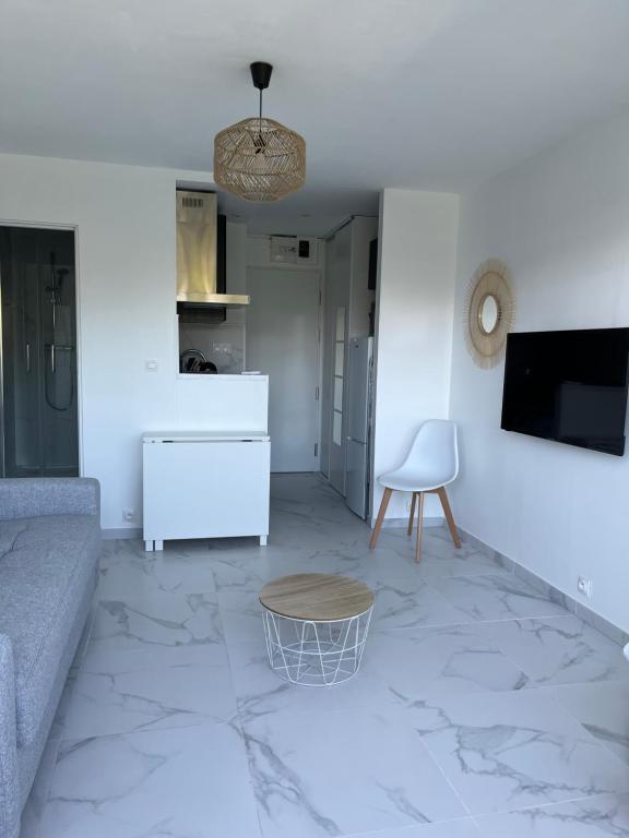 un salon avec un canapé et une table dans l'établissement Superbe appartement avec balcon et parking, à Aix-en-Provence