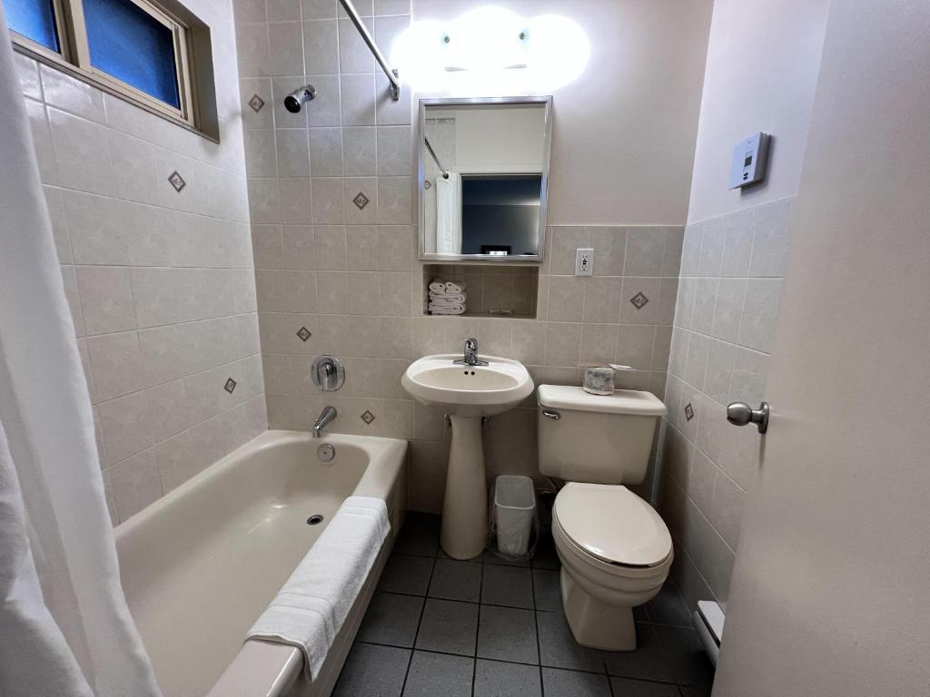 a bathroom with a sink and a toilet and a tub at Motel Du Chevalier in Gatineau
