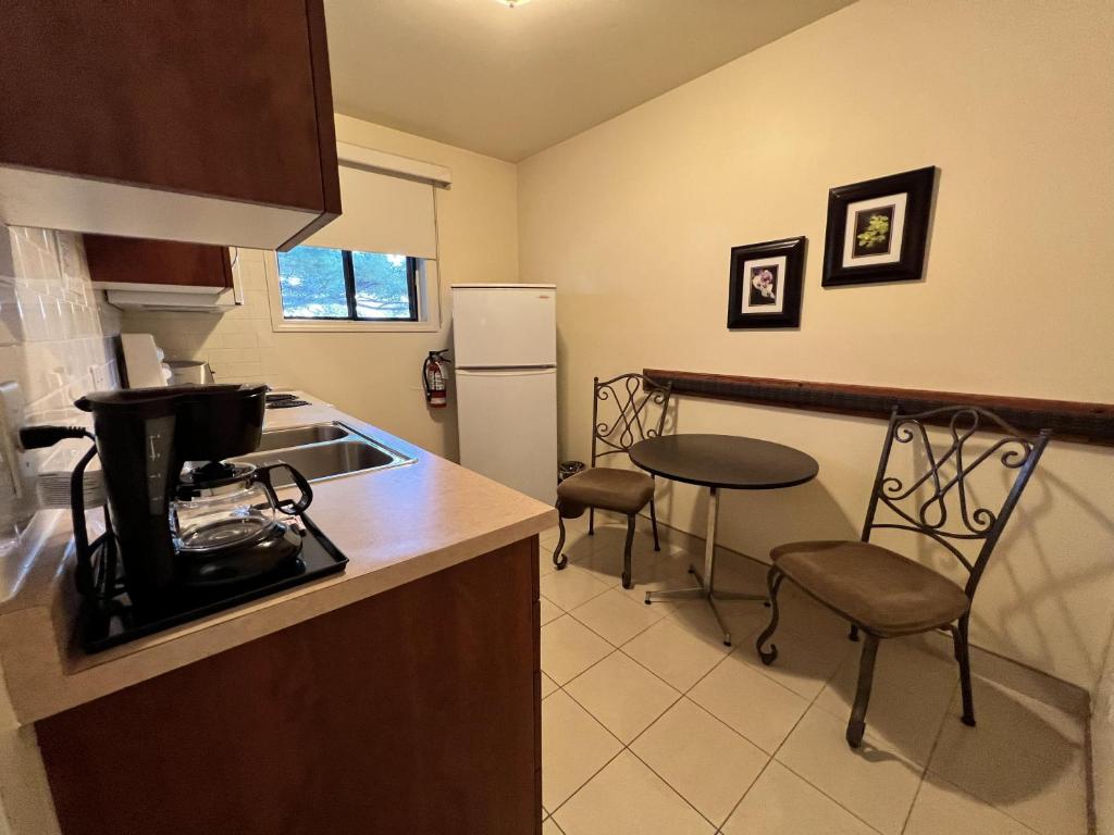 a kitchen with a sink and a table with chairs at Motel Du Chevalier in Gatineau