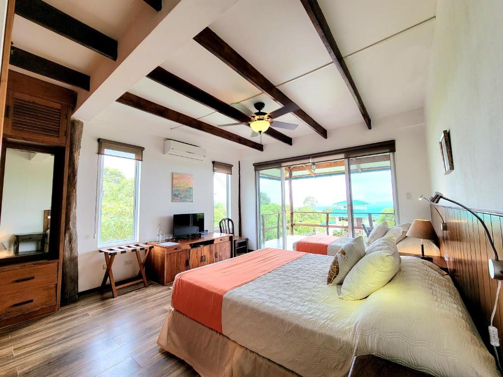 a bedroom with a bed and a tv and windows at Semilla Verde Boutique Hotel in Puerto Ayora