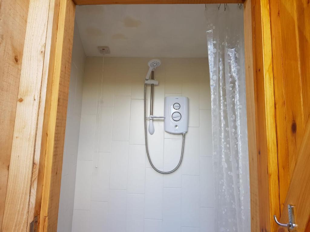 a shower in a bathroom with a shower at Eco Accommodation Cornflower in Craven Arms