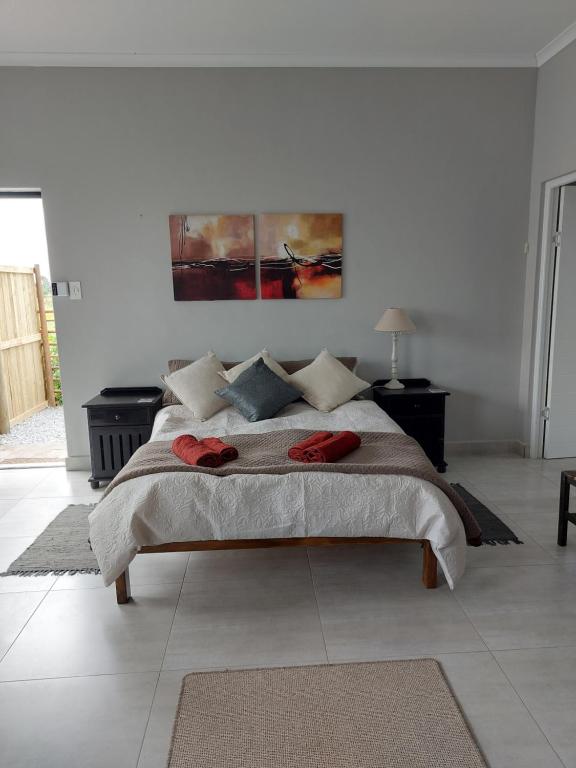 1 dormitorio con 1 cama grande y 2 almohadas rojas en Silver Oaks Airbnb, en Langebaan