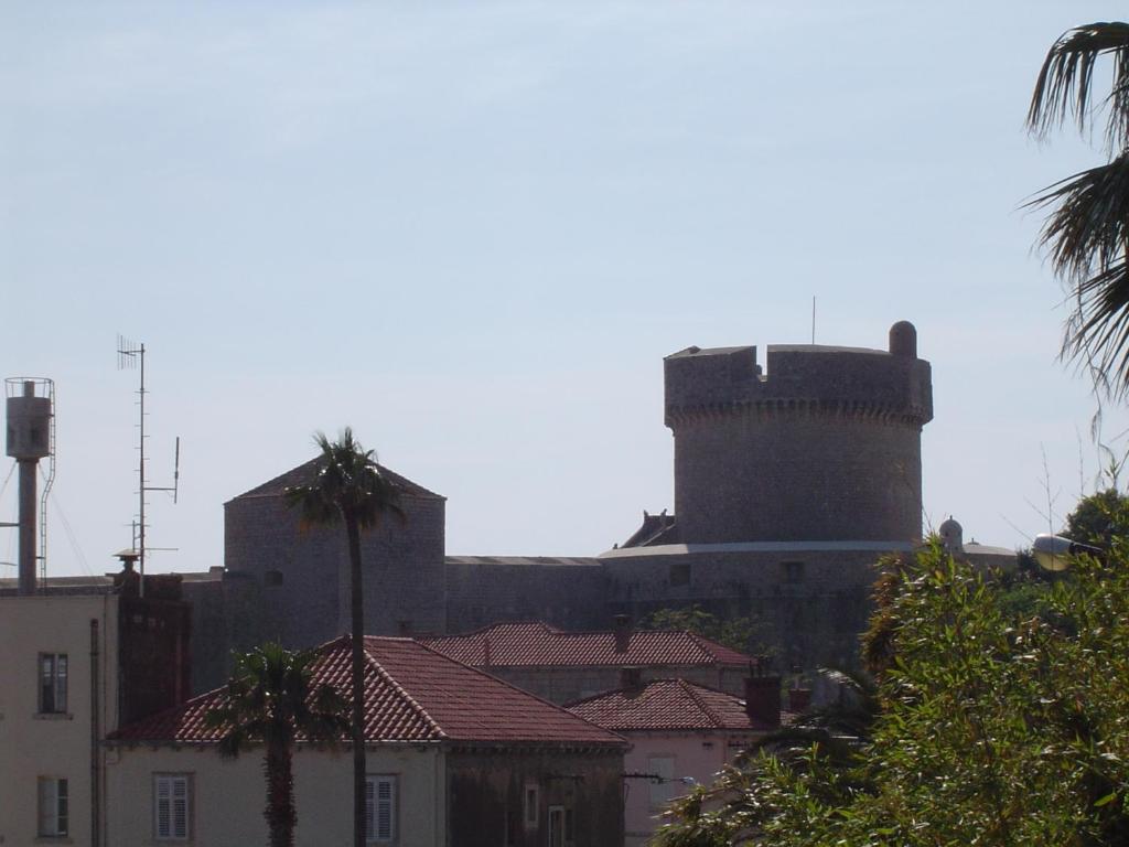 Blick auf eine Fabrik mit Gebäuden und Palmen in der Unterkunft Apartments Ivory in Dubrovnik