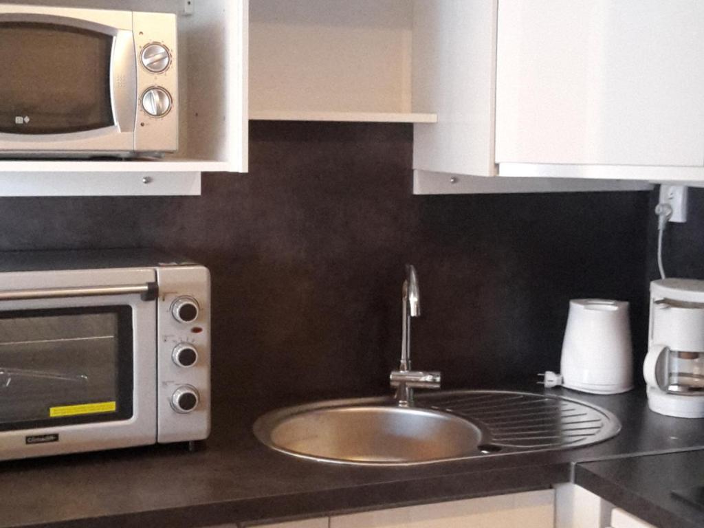 une cuisine avec un évier et un micro-ondes dans l'établissement Appartement Skis aux Pieds, 4 Personnes, Balcon, Wifi Gratuit, Proche Commerces et Activités - FR-1-574-39, aux Menuires