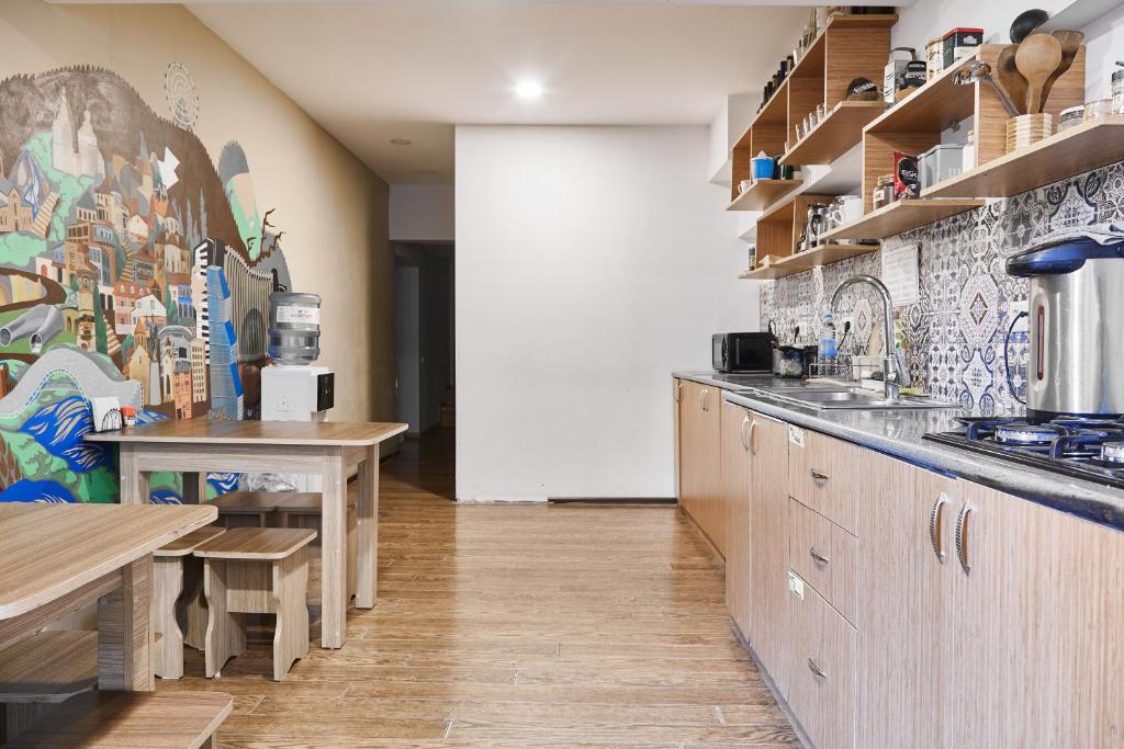 Kuchyň nebo kuchyňský kout v ubytování Moosica Hostel