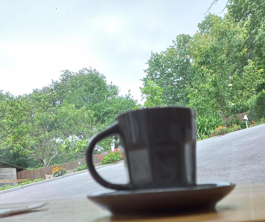 una taza de café negra sobre una mesa en LA CASA logement indépendant 26m2 Calme Proche de tout WIFI fibre Parking privé Jardin terrasse, en Urrugne