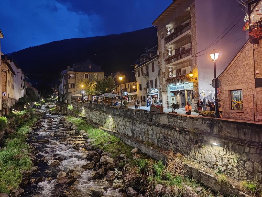 un fiume nel mezzo di una città di notte di Riu Nere Mountain Hotel a Vielha