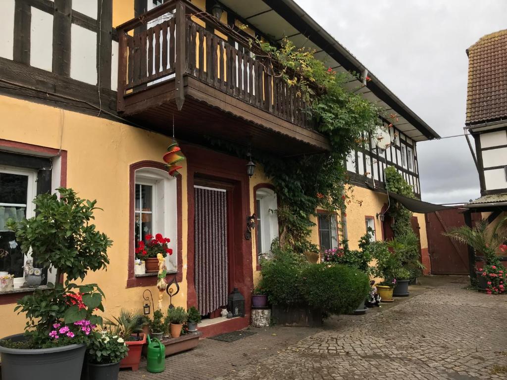 a building with a balcony and potted plants on it at Doppelzimmer vom Friesenhof Wieratal 