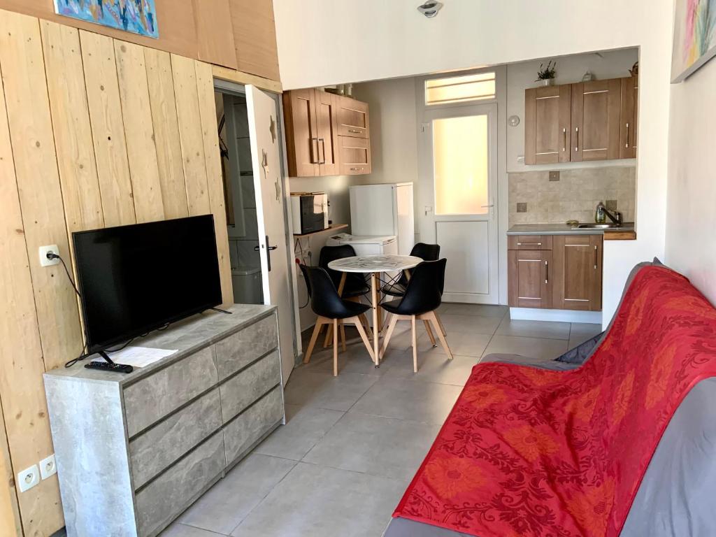 ein kleines Wohnzimmer mit einem TV und einer Küche in der Unterkunft APPARTEMENT WOOD DESING PROCHE CANNES in Le Cannet