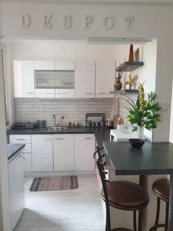 a kitchen with white cabinets and a black counter top at Despot Apartmani Niš in Niš
