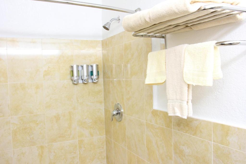 a bathroom with a shower with white towels at Budget Inn Lake Wales in Lake Wales