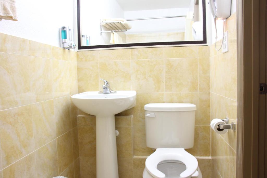 a bathroom with a toilet and a sink and a mirror at Budget Inn Lake Wales in Lake Wales