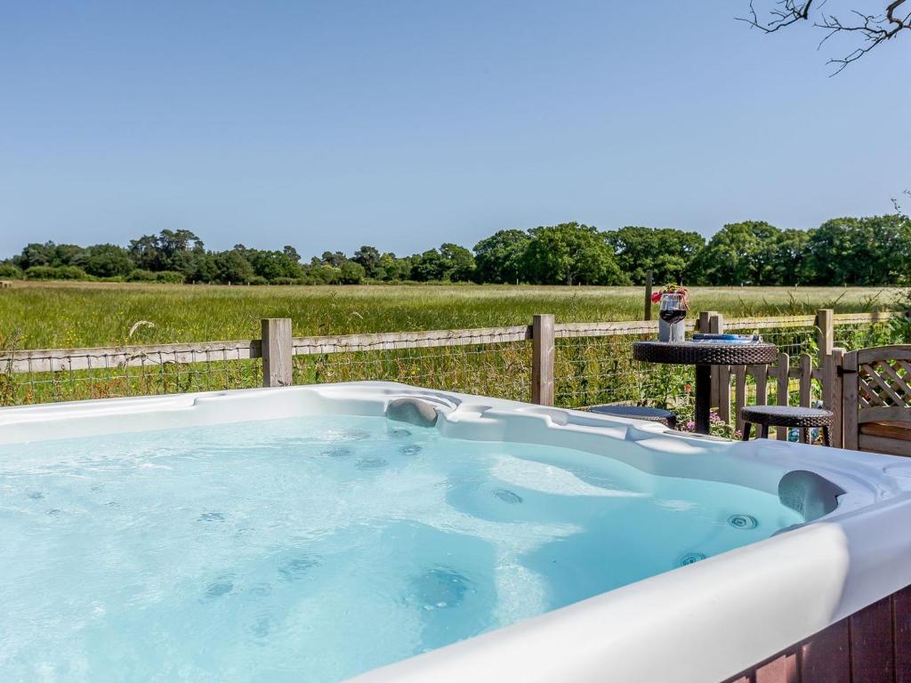 a jacuzzi tub with a view of a field at The Barn in Coldwaltham