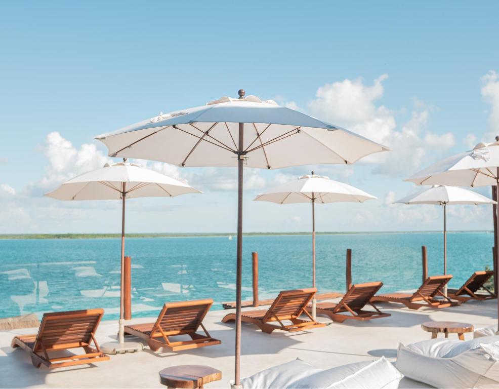 - un groupe de chaises longues et de parasols sur une plage dans l'établissement Puerta del Cielo Hotel Origen, à Bacalar