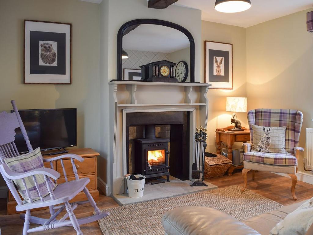 a living room with a fireplace and a tv at Clickers Cottage in Woodford