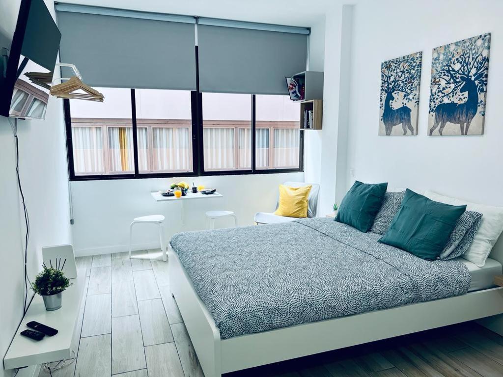 um quarto com uma cama e uma secretária num quarto em Coqueto apartamento a 50 metros de la playa em Las Palmas de Gran Canaria