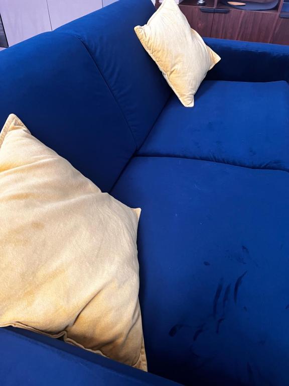 a blue couch with two pillows on it at Epernay, appartement champagne et art déco in Épernay