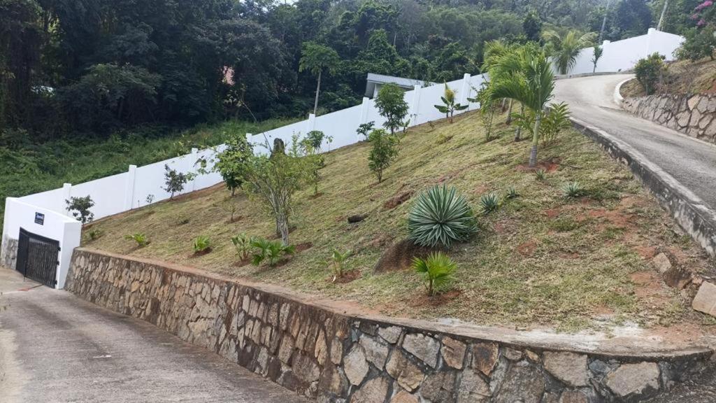 einen Hügel mit Bäumen an der Seite einer Straße in der Unterkunft Ogumka 2 , self catering , Santa Maria , Mahe , Seychelles in Anse Royale