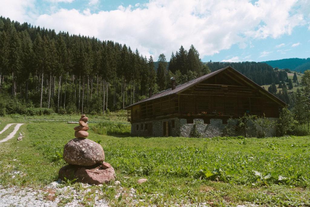 una pila de rocas en un campo con un granero en Lärchenwirt Dolomites, en San Nicolò di Comelico