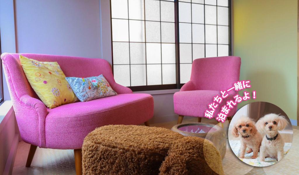 ein Wohnzimmer mit einem rosa Sofa und einem Spiegel in der Unterkunft GLOCE 海行燈 l 江ノ島から徒歩5分 小型犬可 in Kamakura