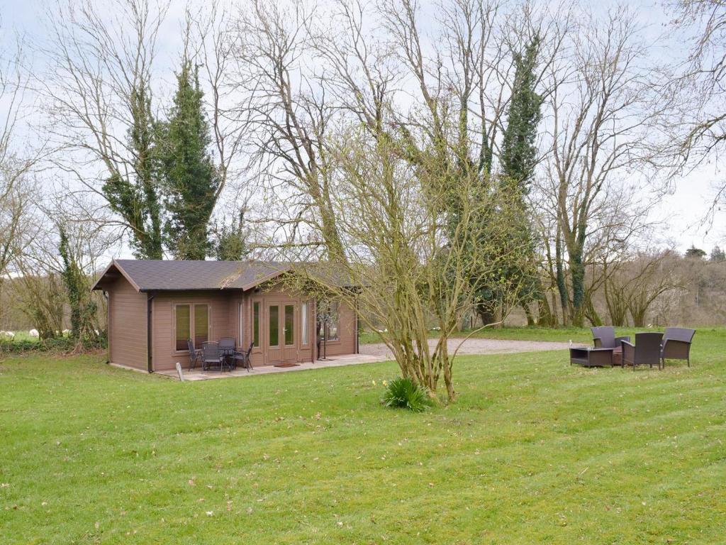 une petite cabine dans un champ herbeux avec un arbre dans l'établissement Gooseberry Lodge, à Tollard Royal