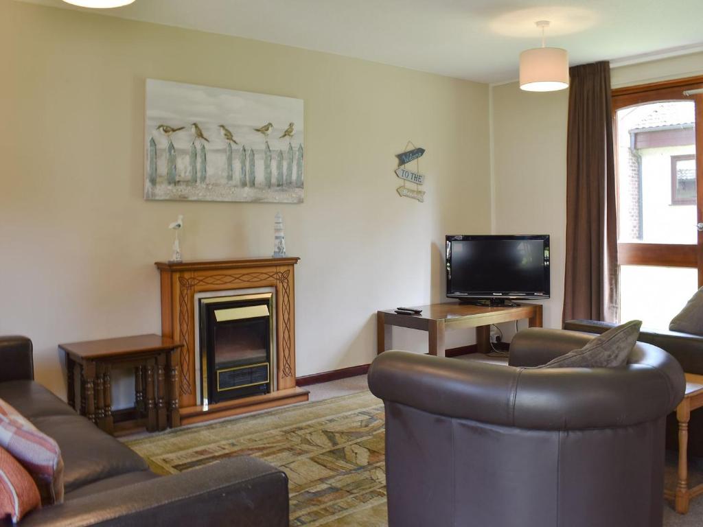 a living room with a couch and a fireplace at Trevithick Lodge in Hayle