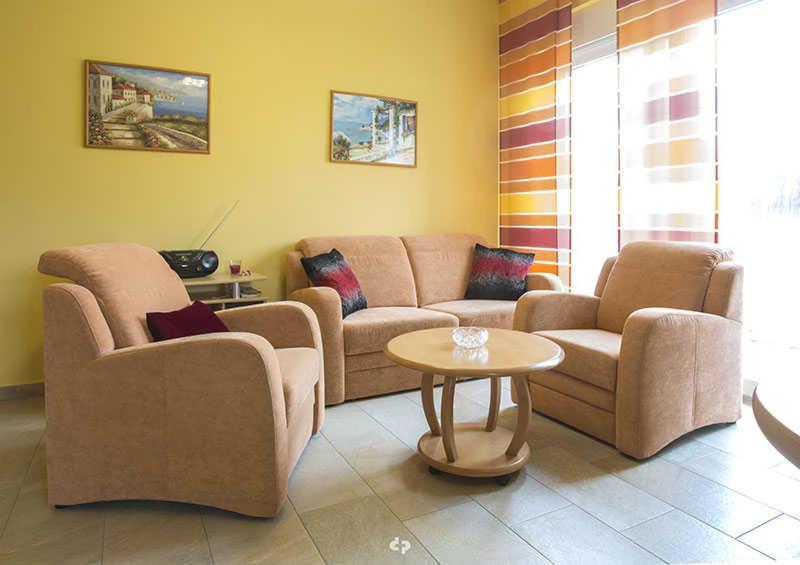 Sala de estar con 2 sofás y mesa en SONNENSEGEL App Nr 04 max 3 Pers en Dierhagen