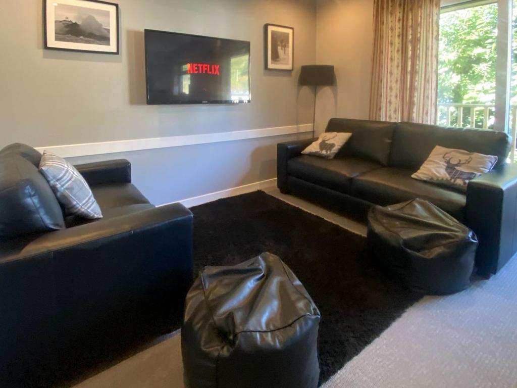 uma sala de estar com dois sofás e uma televisão em Puffin - Dubh Segir em Lerags