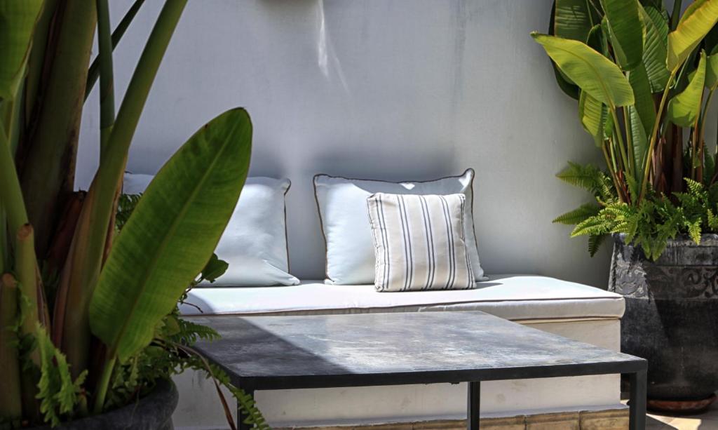 a white couch with two pillows and plants at Riad Dar Zen in Rabat