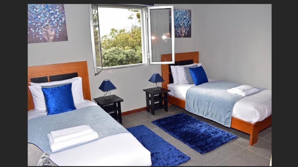 フンシャルにあるFunchal Central Apartmentのベッドルーム1室(青いラグ付きのベッド2台、窓付)