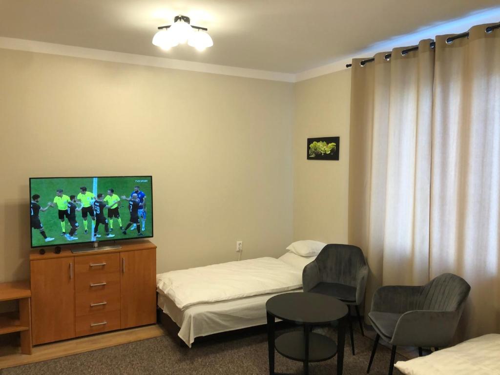 Televízia a/alebo spoločenská miestnosť v ubytovaní Apartamenty JN Poznań Rzeczna 4