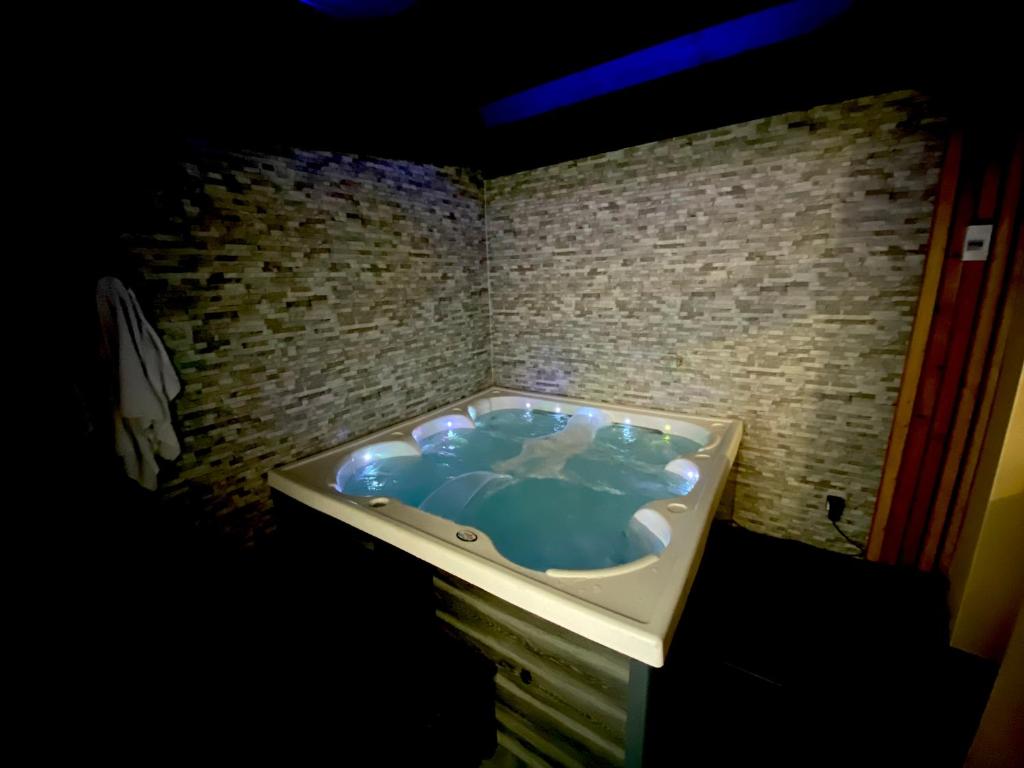eine Whirlpool-Badewanne in einem Zimmer mit Ziegelwand in der Unterkunft Entre terres et mer in Samer