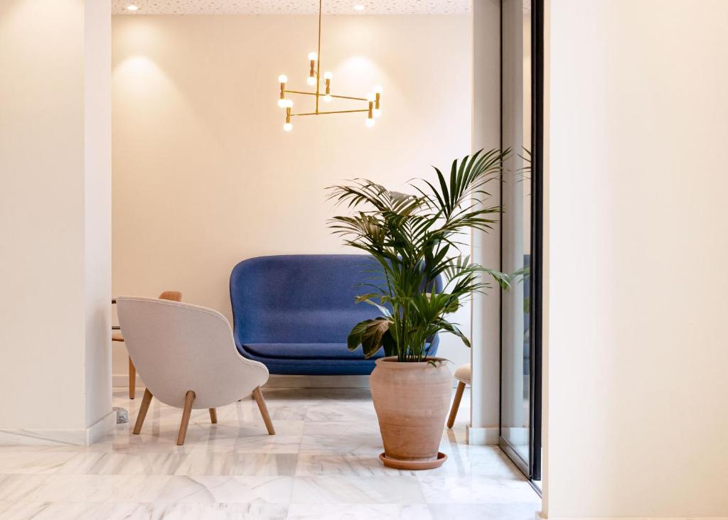 uma sala de estar com uma cadeira azul e um vaso de plantas em Hotel Boreal Viento Norte em Burgos