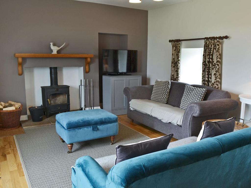 a living room with blue furniture and a fireplace at Havannah Cottage in Alnham