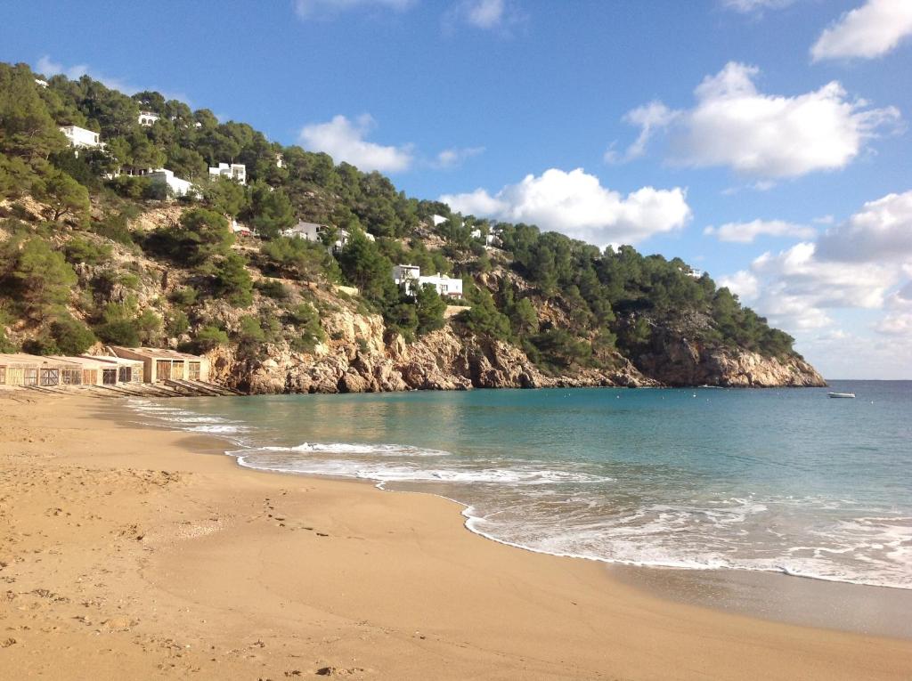 a sandy beach with houses on a hill next to the ocean at Apartamentos Can Miguel in Cala San Vicente