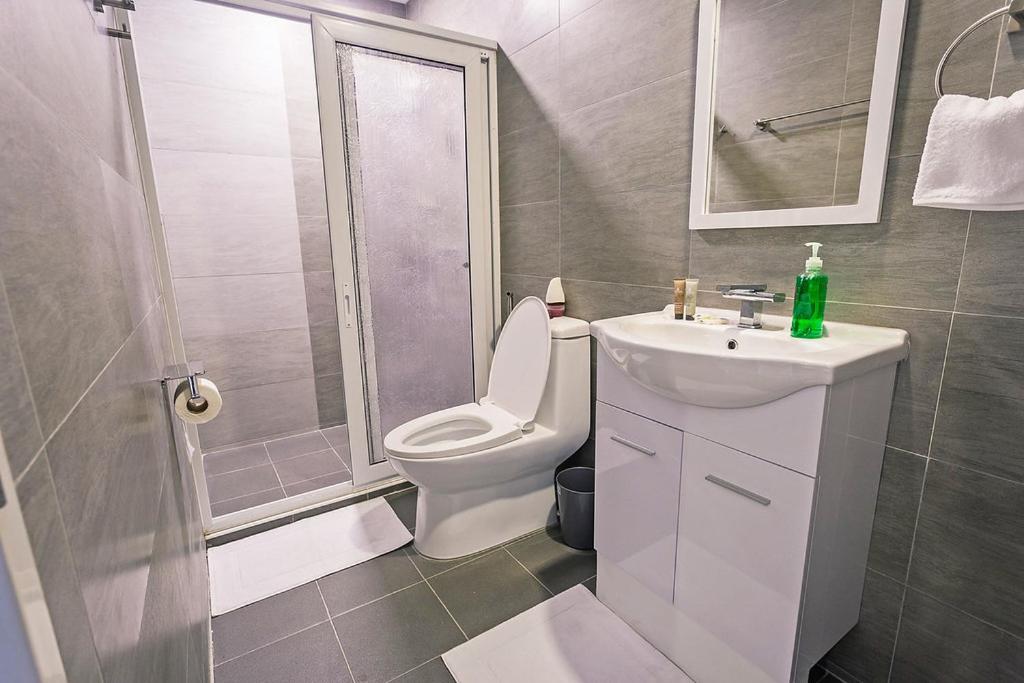 ein Bad mit einem WC, einem Waschbecken und einer Dusche in der Unterkunft Anika Suites in Cebu City